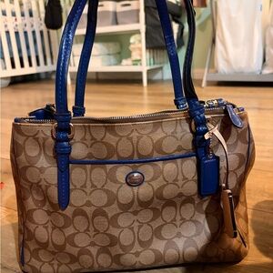 Coach Brown Signature Canvas Shoulder Bag with Blue Trim